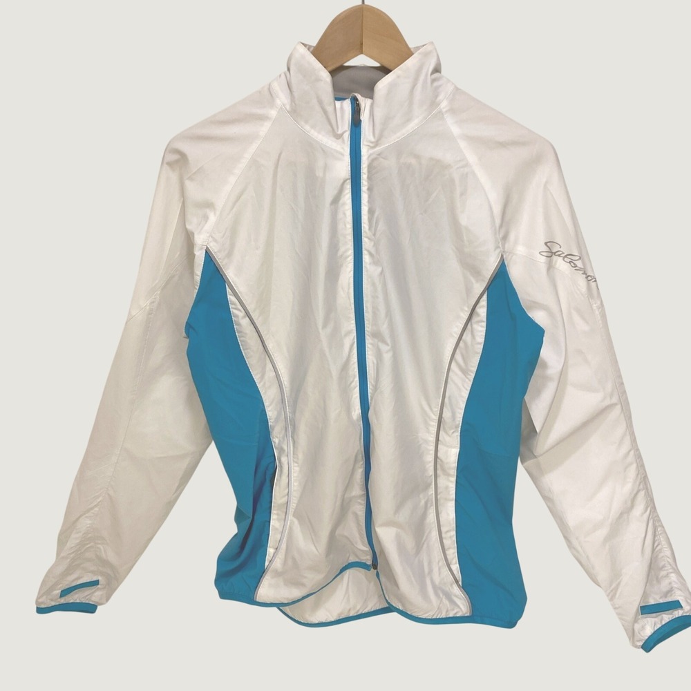 Salomon Womens‎ Full Zip Windbreaker Jacket White Blue Large Reflective Running